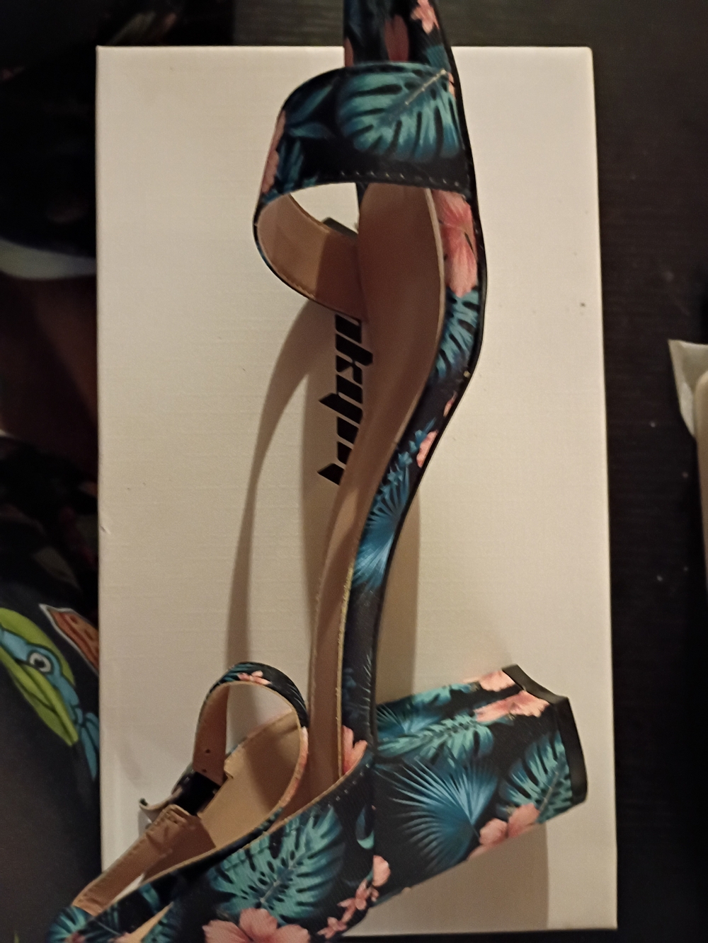 Floral Tropical Block Heel Sandals - Teal & Pink - Funkymonkey